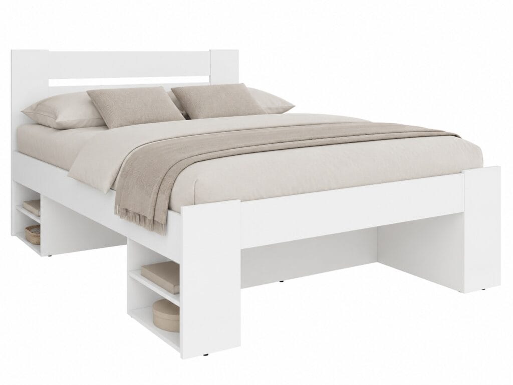 White Double Bed Frame with Storage Drawers Shelves Modern 140cm Euro Solid Wood Slats - Nepo