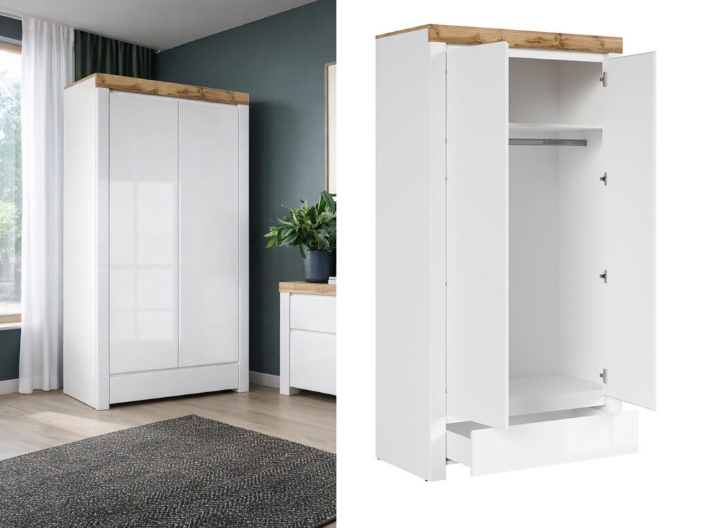 Double Wardrobe with Drawer 2 Door Cabinet Hanging Rail Storage White Gloss Oak Scandi - Holten