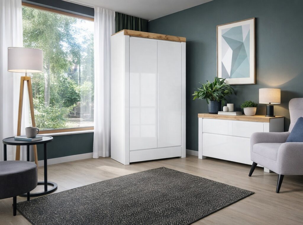 Double Wardrobe with Drawer 2 Door Cabinet Hanging Rail Storage White Gloss Oak Scandi - Holten