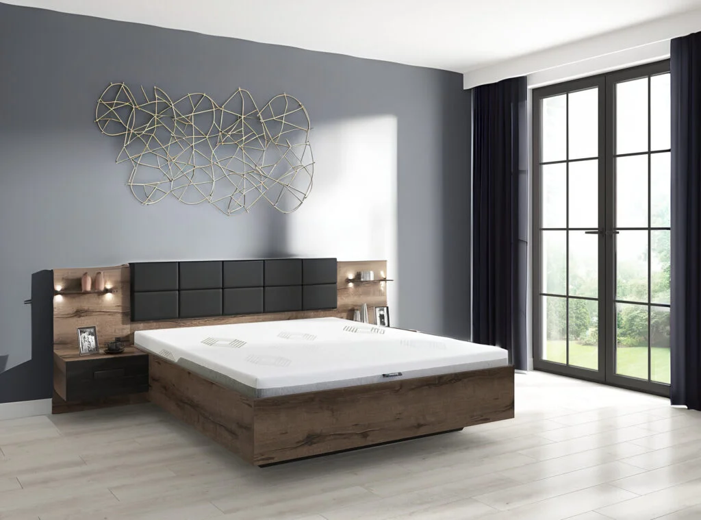Super King Size Ottoman Bed Frame Built In Bedside Cabinets Underbed Storage USB LED Lights Oak and Black - Kassel