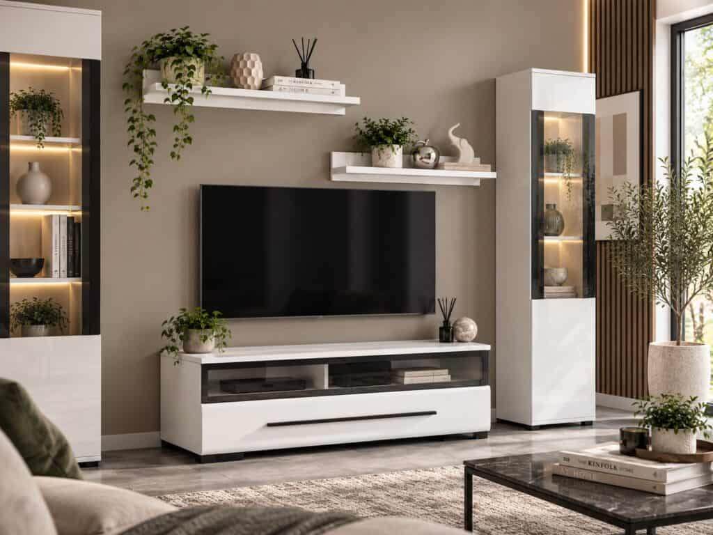TV Unit Small Cabinet Entertainment Stand Black Glass Drawer White Gloss 100cm - Fever