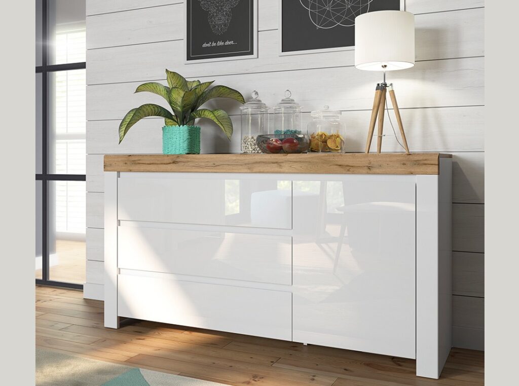 Large Sideboard Cabinet White Gloss Dresser with Drawers Scandi Oak Bedroom Living Room Storage - Holten