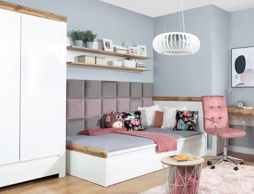 Small Double Bed Frame White Gloss and Oak High Headboard Scandi - Holten