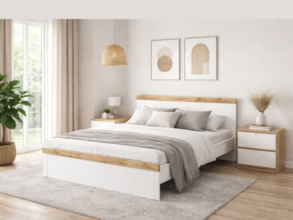 Scandi King Size Bed Frame with 160cm Euro Wooden Slats White Gloss and Oak High Headboard - Holten