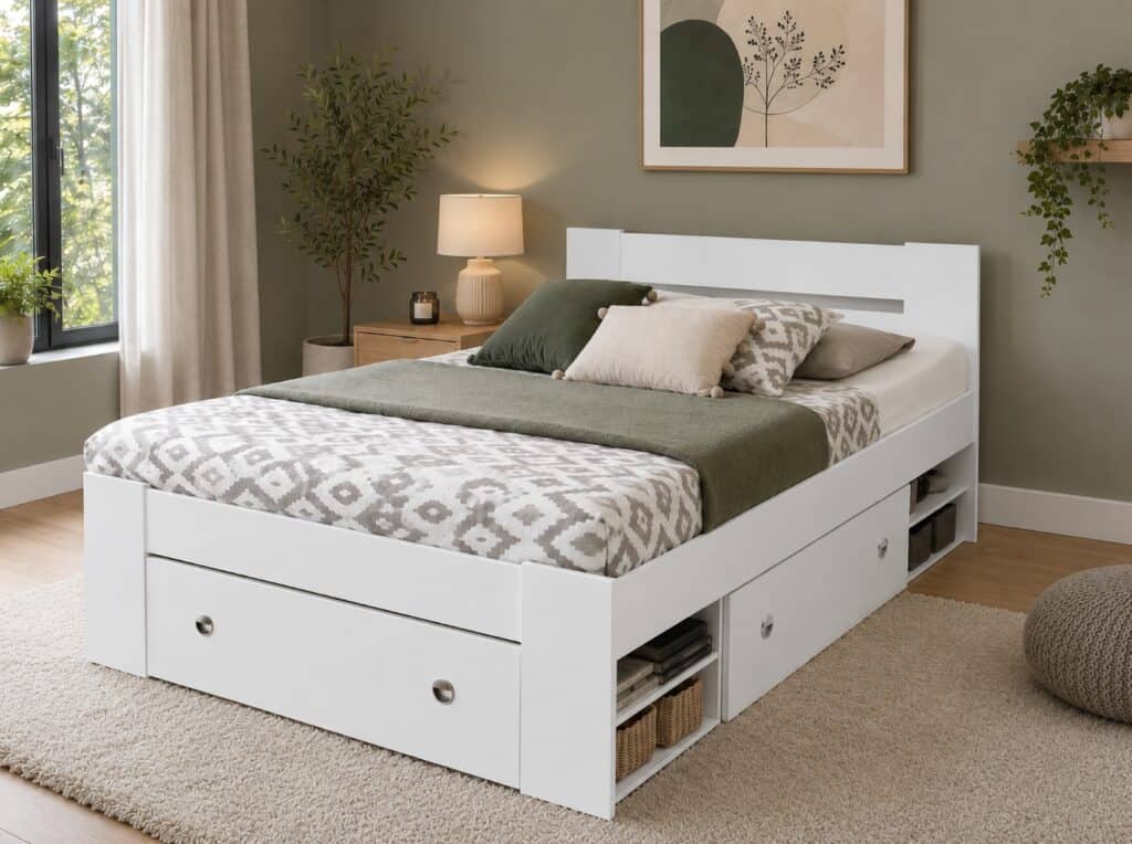 King Size Bed Frame with Storage Drawers Shelving White Modern Euro 160cm Solid Wood Slats - Nepo