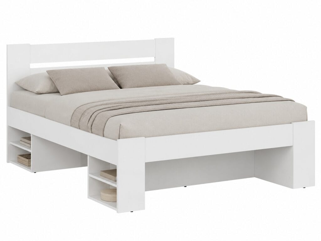 King Size Bed Frame with Storage Drawers Shelving White Modern Euro 160cm Solid Wood Slats - Nepo