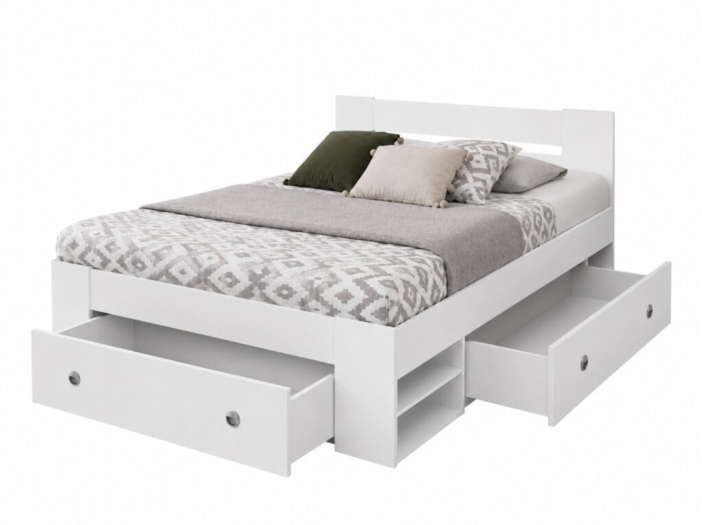 King Size Bed Frame with Storage Drawers Shelving White Modern Euro 160cm Solid Wood Slats - Nepo