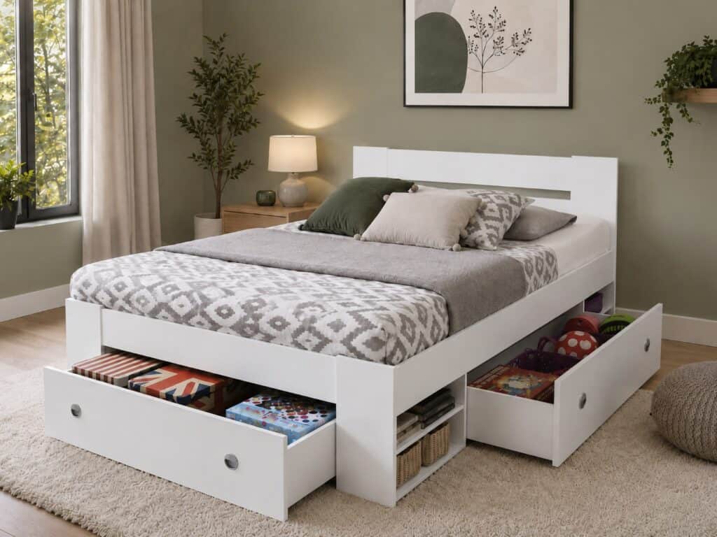 King Size Bed Frame with Storage Drawers Shelving White Modern Euro 160cm Solid Wood Slats - Nepo