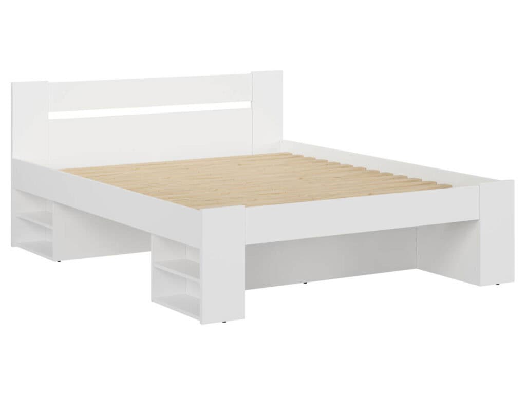 King Size Bed Frame with Storage Drawers Shelving White Modern Euro 160cm Solid Wood Slats - Nepo