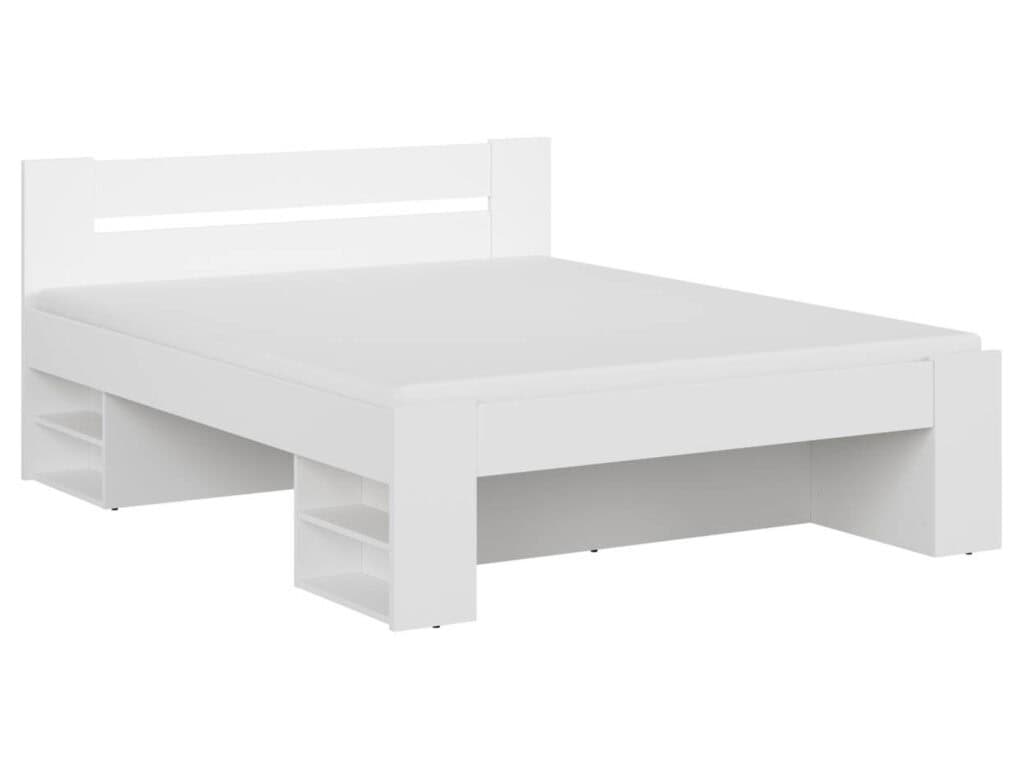 King Size Bed Frame with Storage Drawers Shelving White Modern Euro 160cm Solid Wood Slats - Nepo