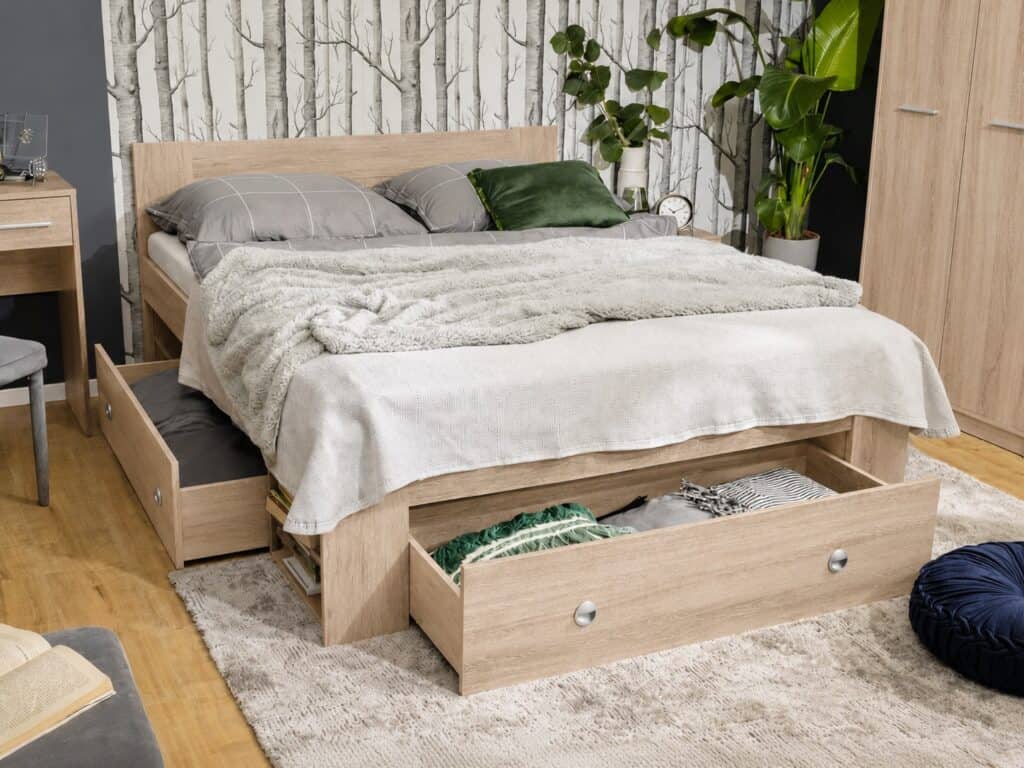 King Size Bed Frame Storage Drawers Shelves Euro Solid Wood Slats Light Oak Effect - Nepo