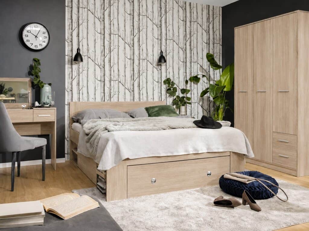 King Size Bed Frame with Storage Shelves and Solid Wood Euro 160cm Bed Slats Light Oak Finish - Nepo