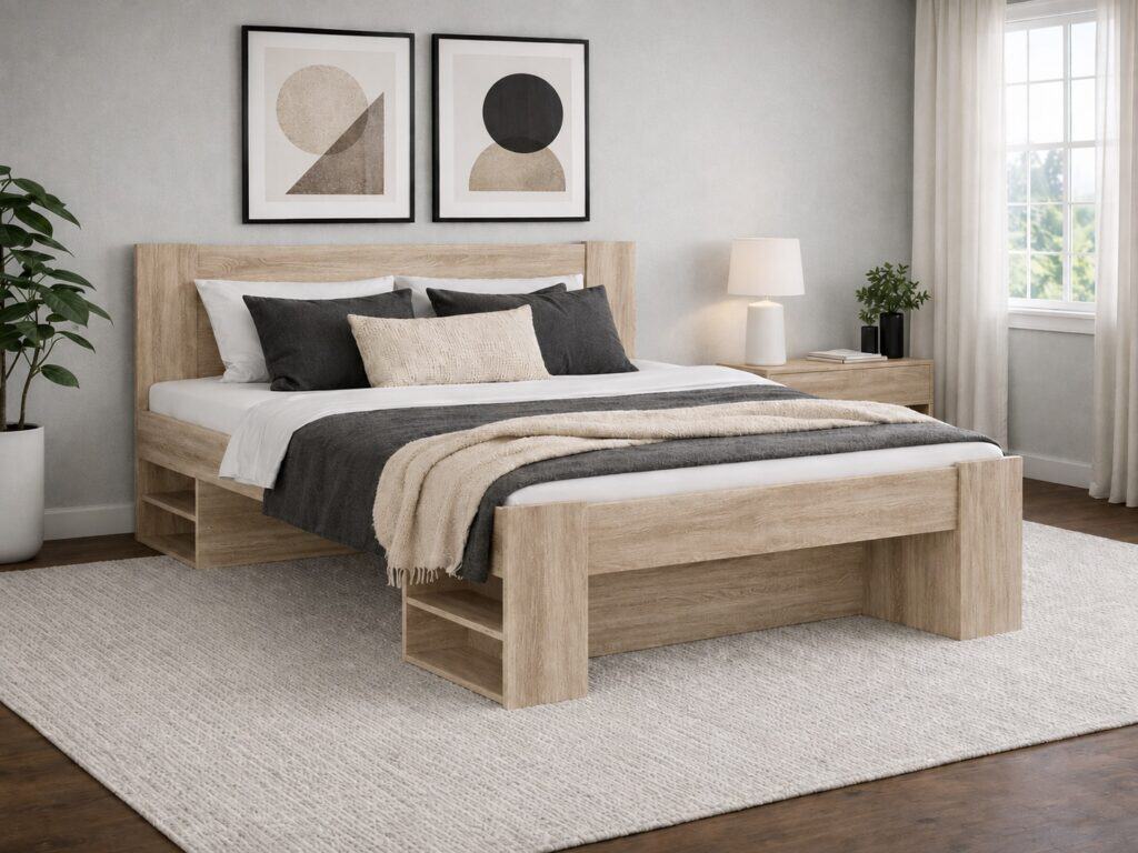 King Size Bed Frame with Storage Shelves and Solid Wood Euro 160cm Bed Slats Light Oak Finish - Nepo