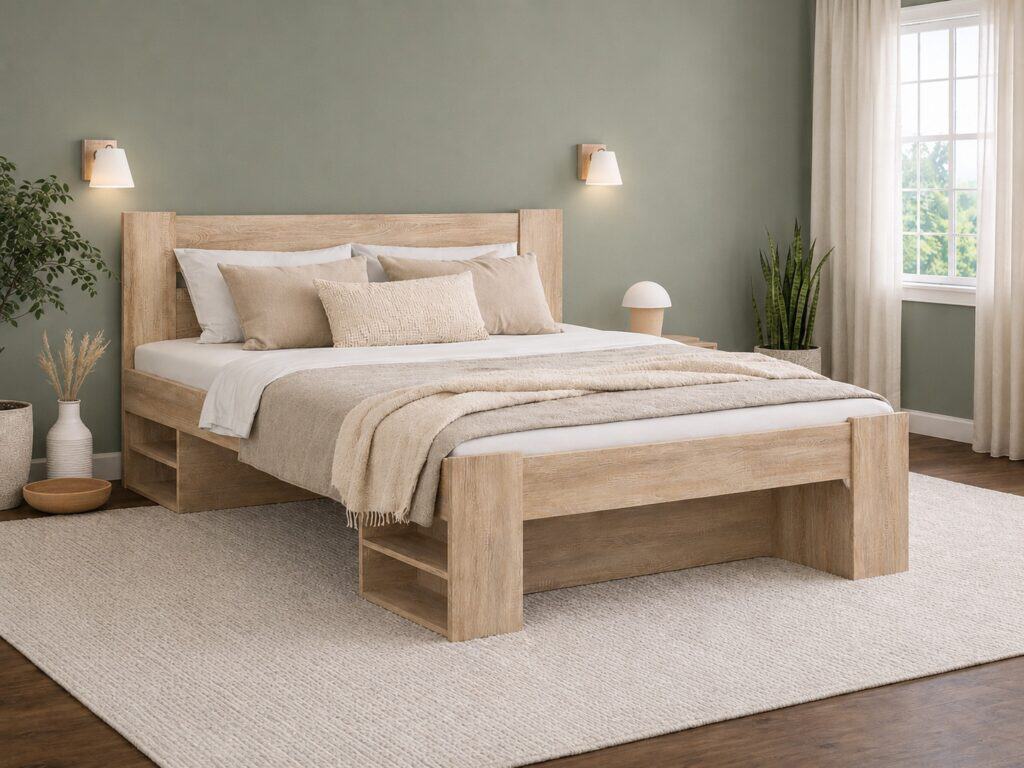 King Size Bed Frame with Storage Shelves and Solid Wood Euro 160cm Bed Slats Light Oak Finish - Nepo