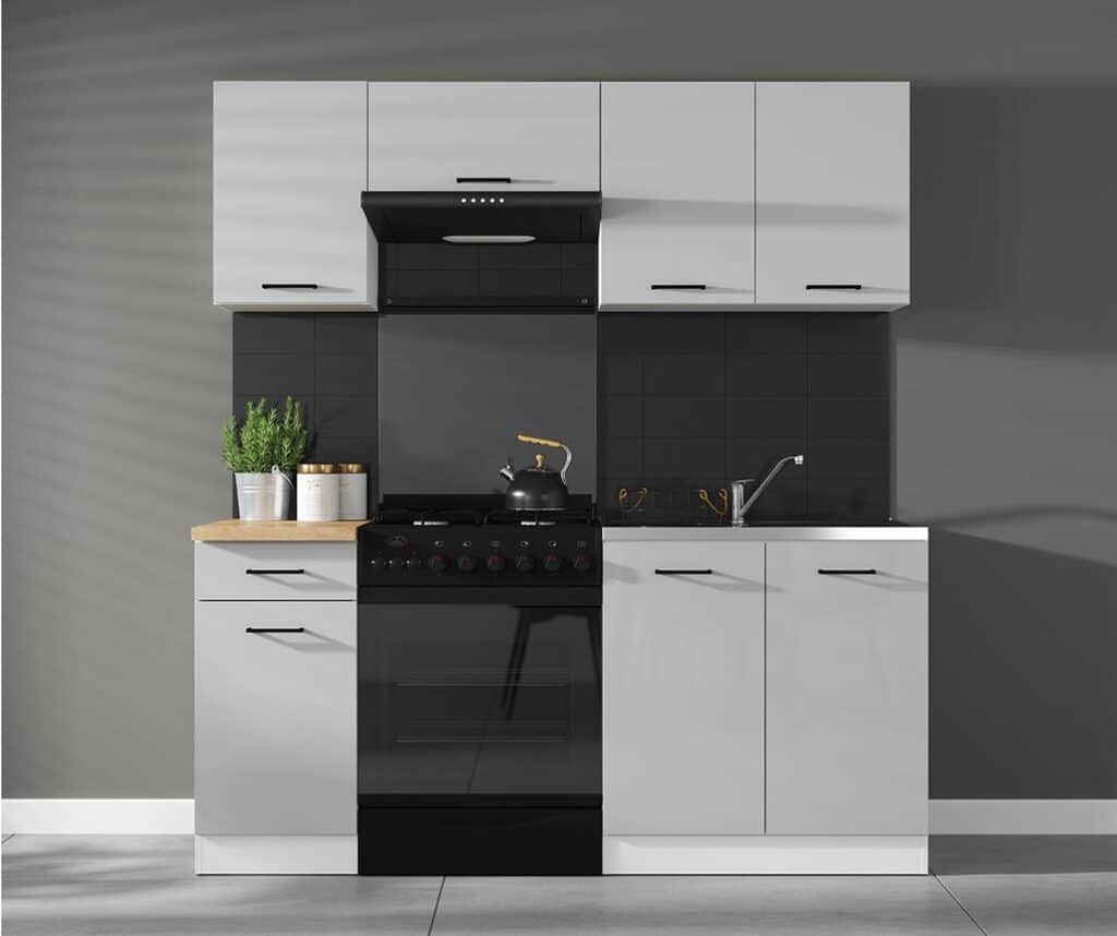 Kitchen Cabinet Set Kitchenette Light Grey Gloss Units Modern Freestanding 5 Cupboards 180cm Complete - Junona