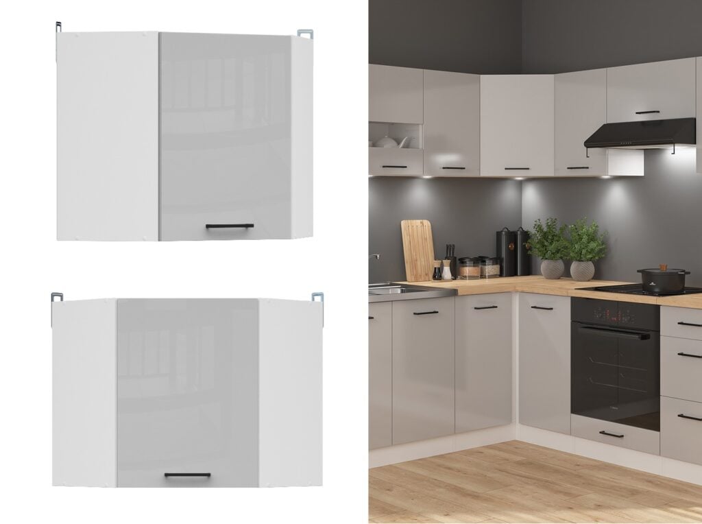 Kitchen Corner Wall Unit 600mm Modern Cupboard Cabinet L Shaped Light Grey Gloss- Junona