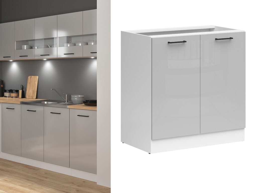 Kitchen Cabinet 800mm Base 2 Door Modern Freestanding Cupboard Unit 80cm Light Grey Gloss - Junona