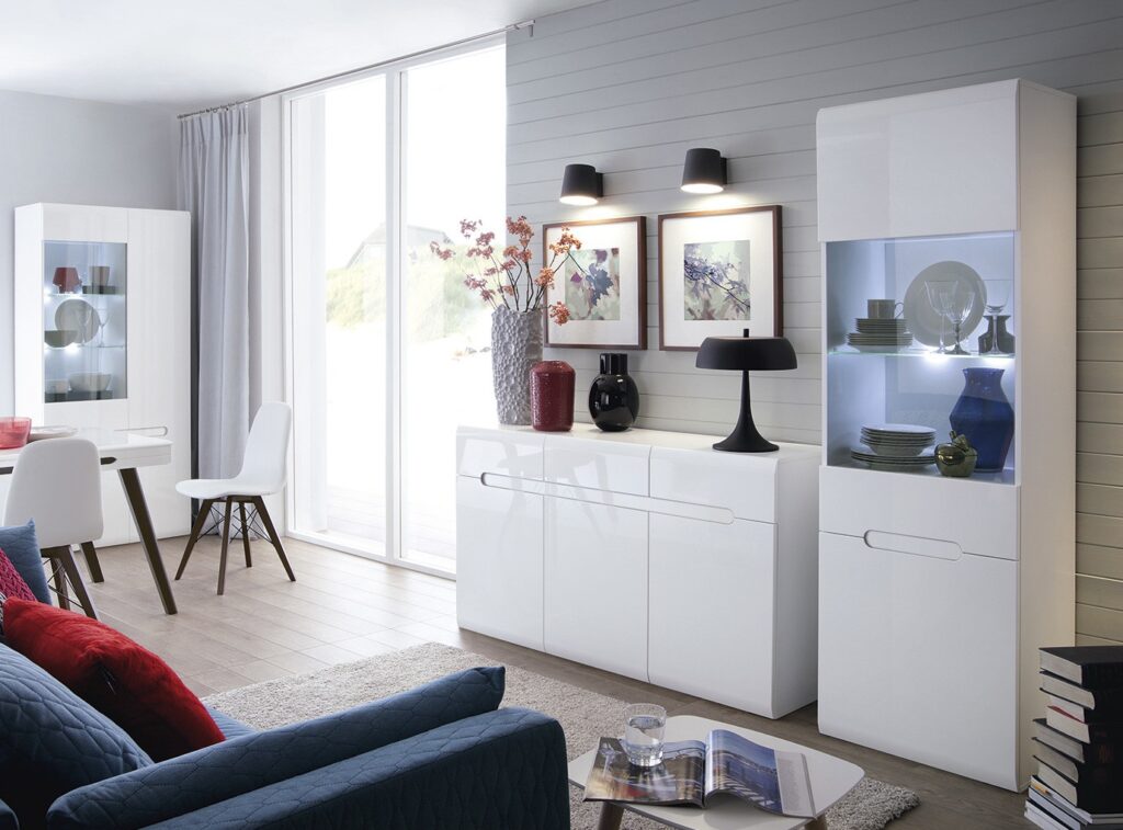 Tall Glass Display Cabinet and Large Sideboard Living Room Furniture Set with LED Lights White Gloss - Azteca