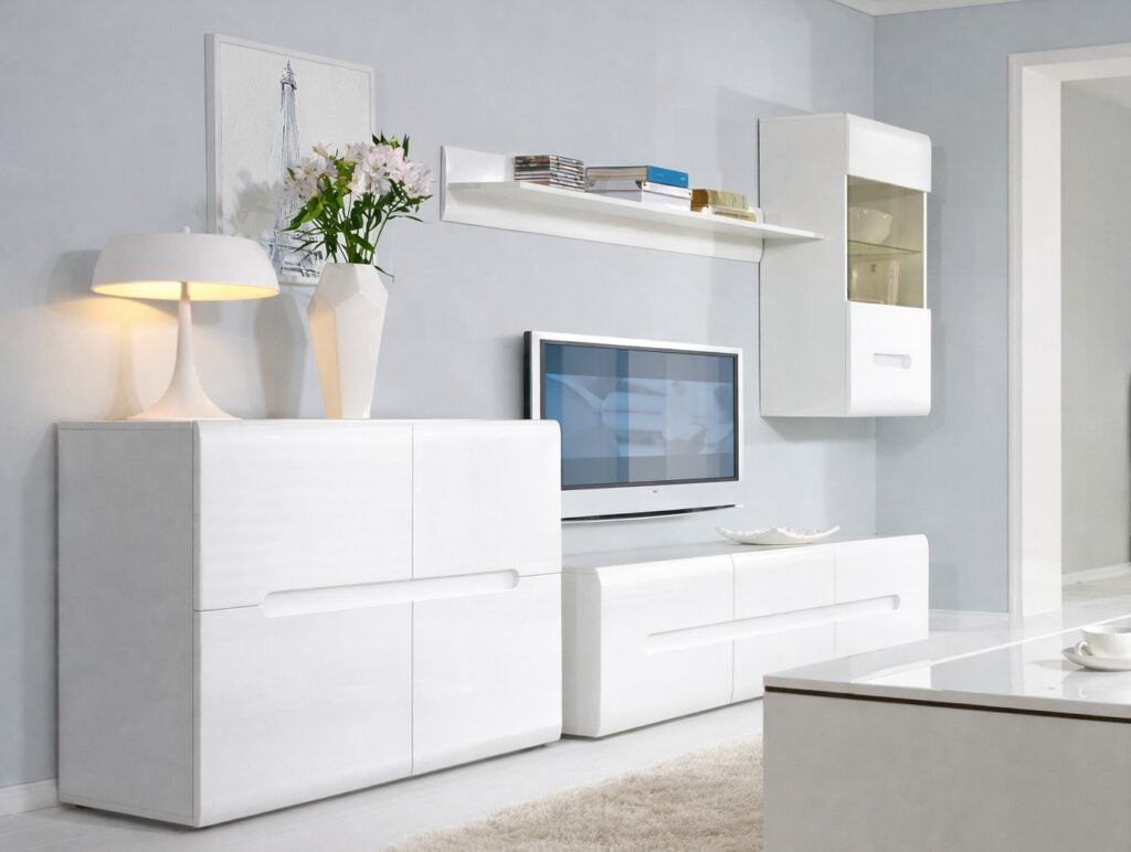 White High Gloss Sideboard Small Cabinet Square Storage Unit with Black Gloss and Dark Wooden Insert - Azteca