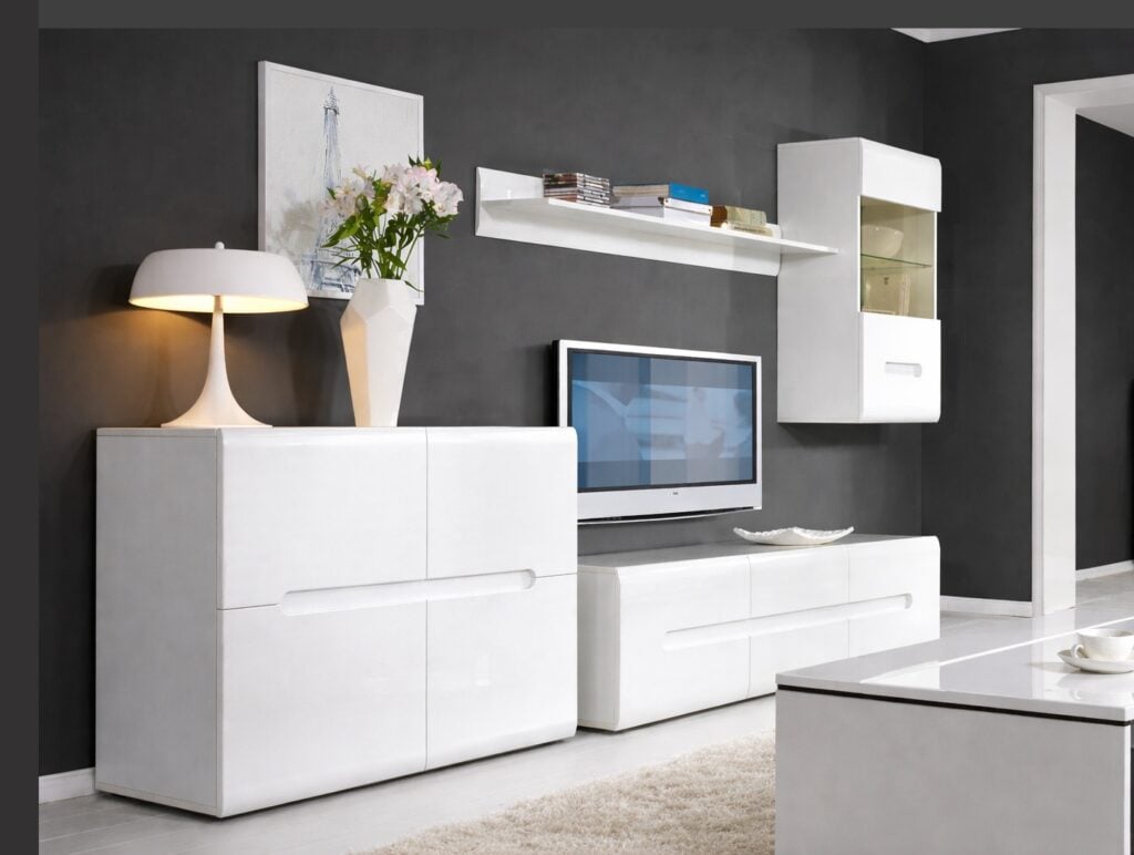 White High Gloss Sideboard Small Cabinet Square Storage Unit with Black Gloss and Dark Wooden Insert - Azteca