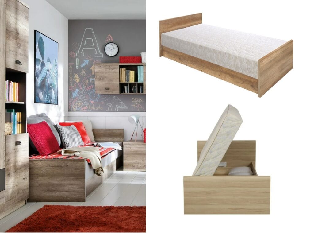 Single Ottoman Storage Bed Side Lift Up Daybed with Bed Frame and Mattress Oak Effect Finish - Malcolm