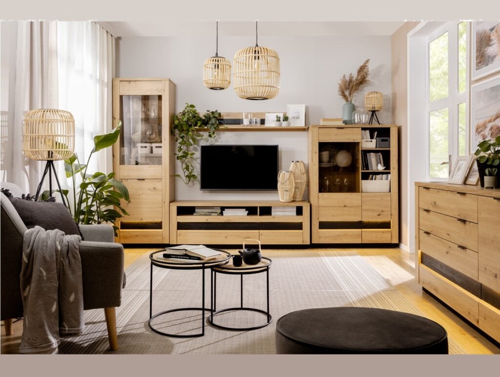 Oak TV Unit Entertainment Stand Wide Cabinet with Drawers LED Lights Artisan Oak Black Effect Modern Boho - Ostia