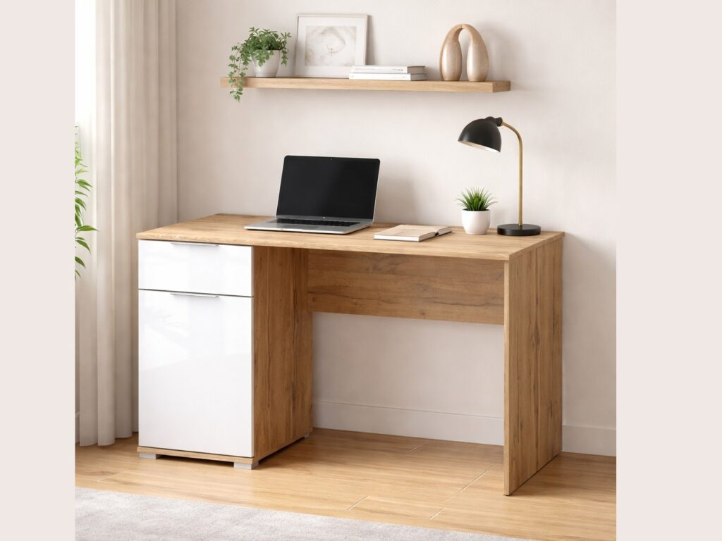 Office Desk with Drawer Cabinet Storage Modern White Gloss and Oak Computer Study 120cm Desk - Zele