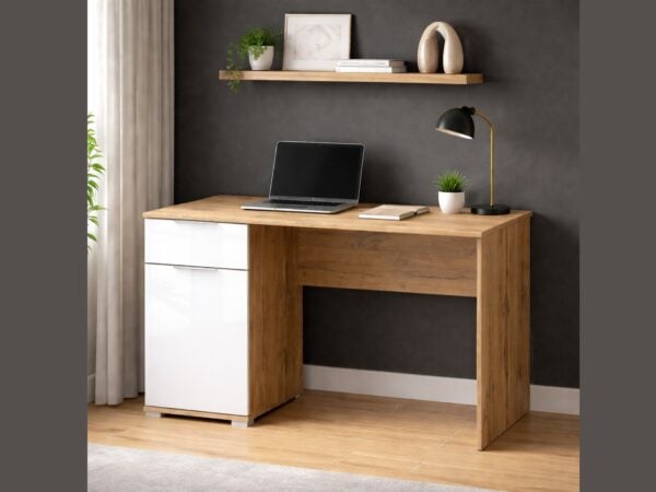 Office desk with drawers storage cabinet white gloss oak home office study computer desk