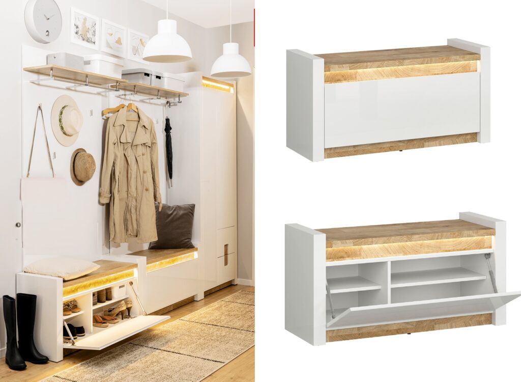 Hallway Shoe Storage Bench Cabinet Drop Down Door Modern White Gloss and Oak Effect LED Lights - Alameda