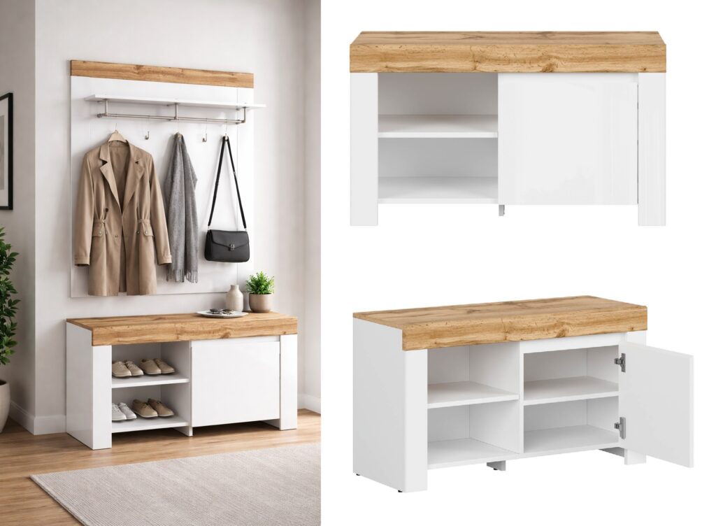 Shoe Cabinet Storage White Gloss Small Lowboard Hallway Unit Oak Effect Scandi - Holten
