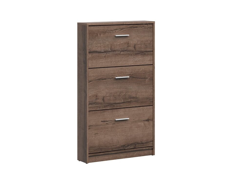 Hallway Shoe Storage Slim Shoe Cabinet Modern Dark Oak Triple Pull Down Door Compact Narrow Unit - Nepo