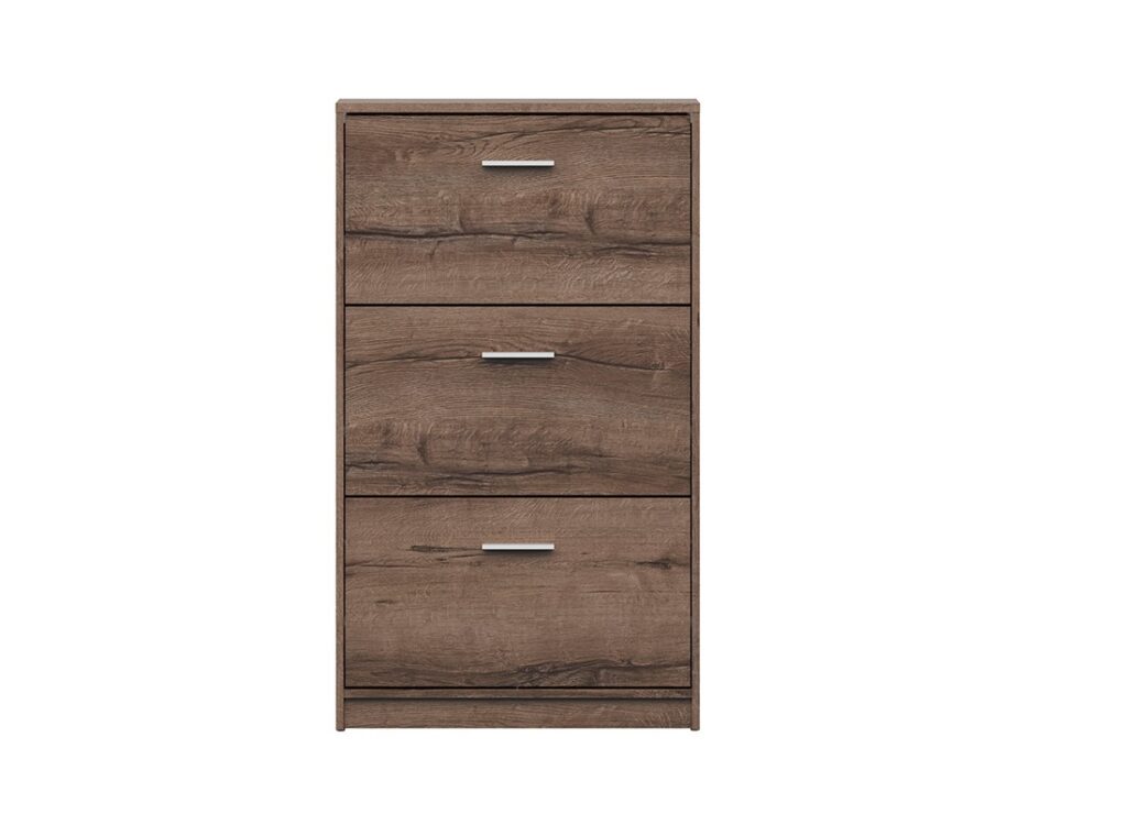 Hallway Shoe Storage Slim Shoe Cabinet Modern Dark Oak Triple Pull Down Door Compact Narrow Unit - Nepo