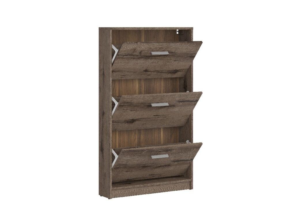 Hallway Shoe Storage Slim Shoe Cabinet Modern Dark Oak Triple Pull Down Door Compact Narrow Unit - Nepo