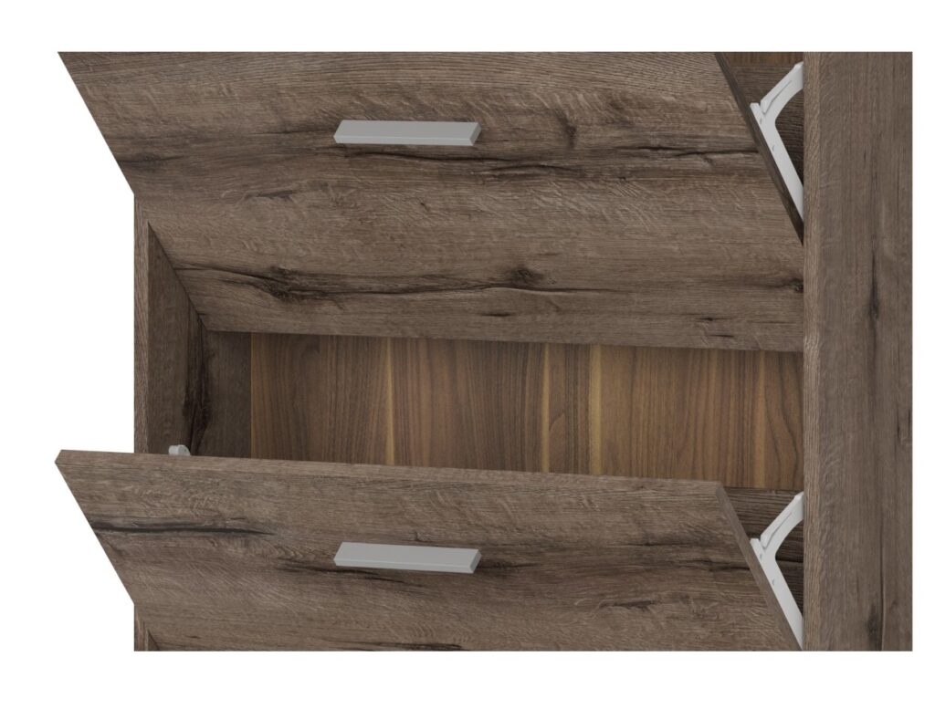 Hallway Shoe Storage Slim Shoe Cabinet Modern Dark Oak Triple Pull Down Door Compact Narrow Unit - Nepo