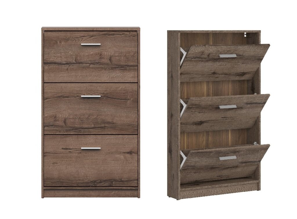 Hallway Shoe Storage Slim Shoe Cabinet Modern Dark Oak Triple Pull Down Door Compact Narrow Unit - Nepo