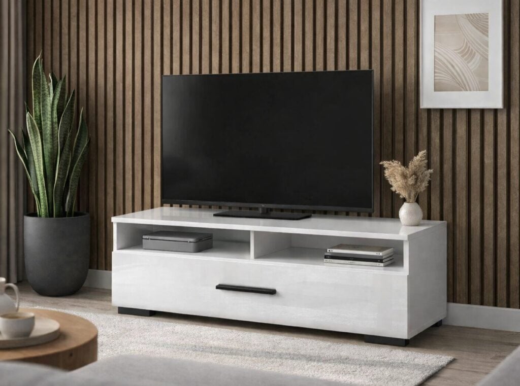 Small TV Unit with Drawer White Gloss Media Storage Cabinet Entertainment Stand 100cm - Assen