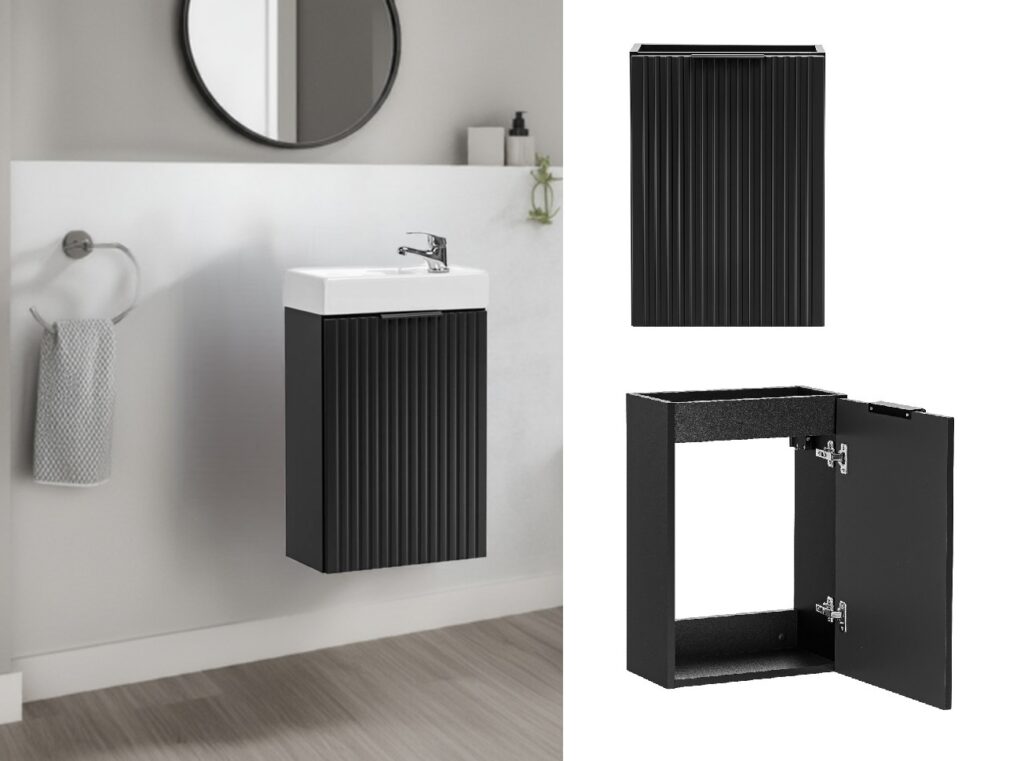 Black Cloakroom Vanity Unit Slimline Small 400mm Wall Hung Fluted Ribbed Sink Cabinet - Adel