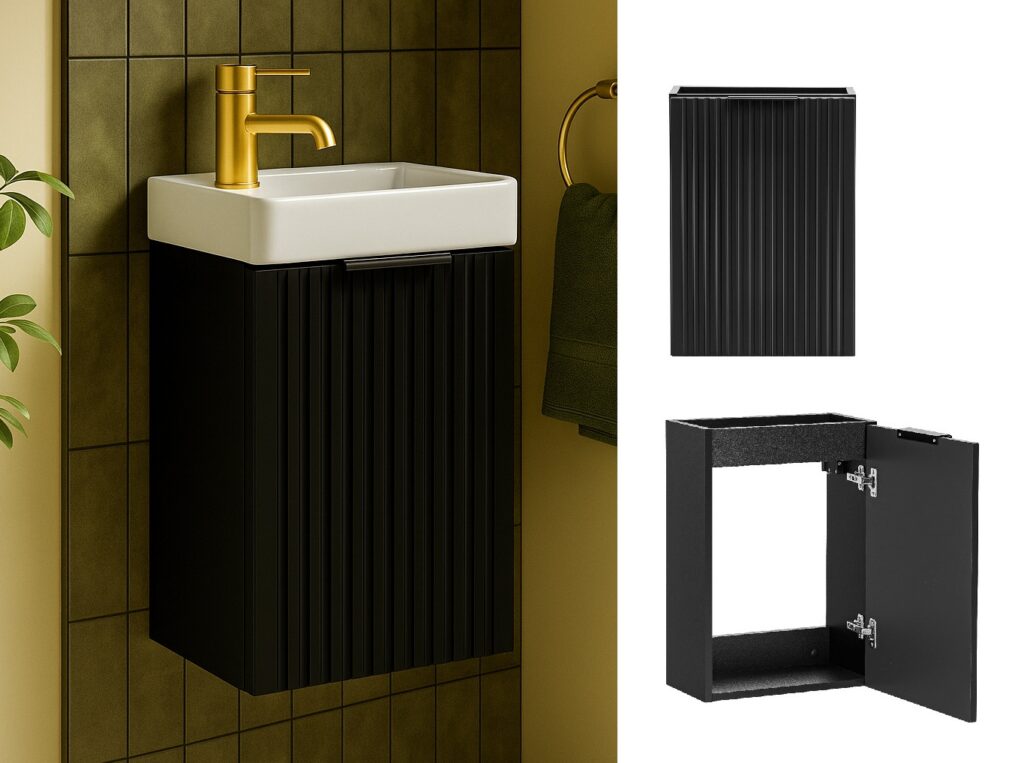 Black Cloakroom Vanity Unit Slimline Small 400mm Wall Hung Fluted Ribbed Sink Cabinet - Adel