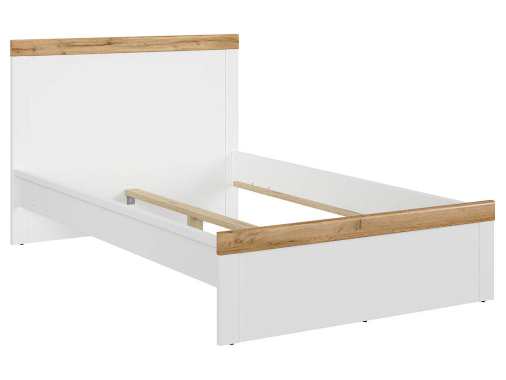 Small Double Bed Frame White Gloss and Oak High Headboard Scandi - Holten