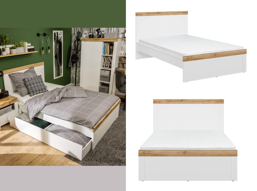 Small Double Bed Frame White Gloss and Oak High Headboard Scandi - Holten