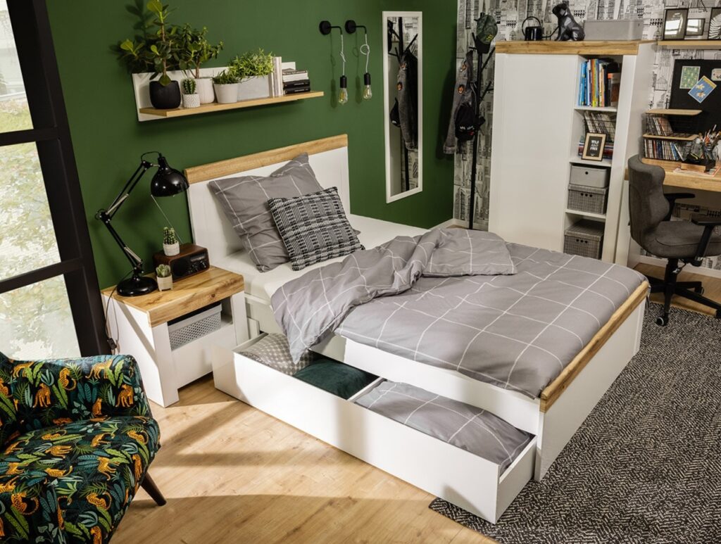Small Double Bed Frame White Gloss and Oak High Headboard Scandi - Holten