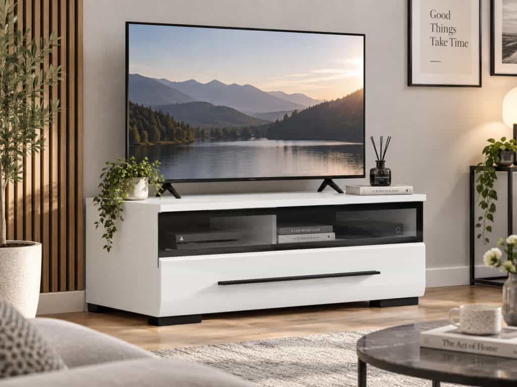 TV Unit Small Cabinet Entertainment Stand Black Glass Drawer White Gloss 100cm - Fever