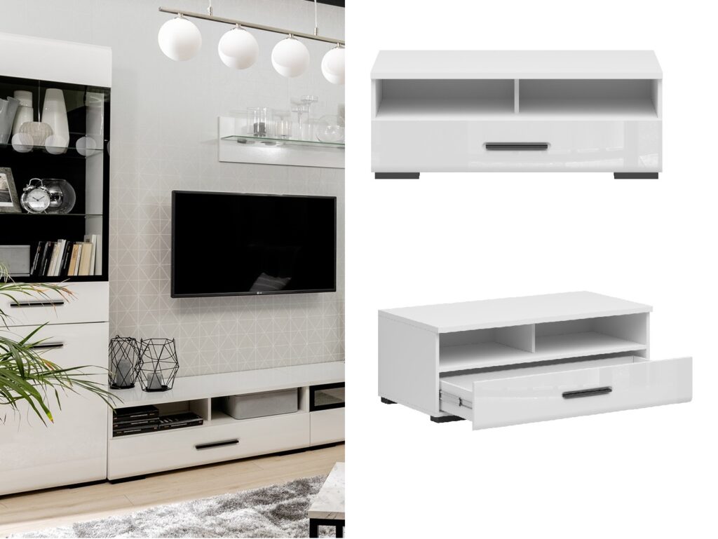 Small TV Unit with Drawer White Gloss Media Cabinet Bench Entertainment Stand 100cm - Assen
