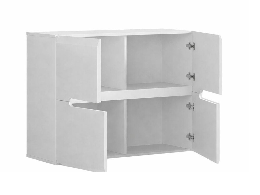 White High Gloss Sideboard Small Cabinet Square Storage Unit with Black Gloss and Dark Wooden Insert - Azteca