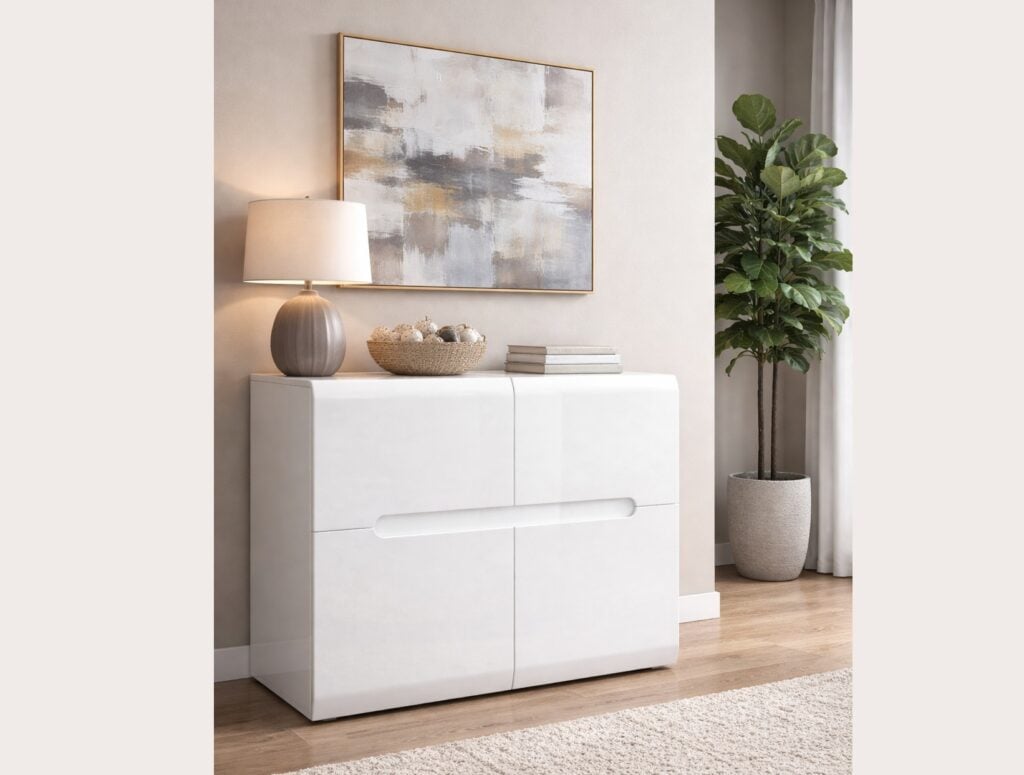 White High Gloss Sideboard Small Cabinet Square Storage Unit with Black Gloss and Dark Wooden Insert - Azteca