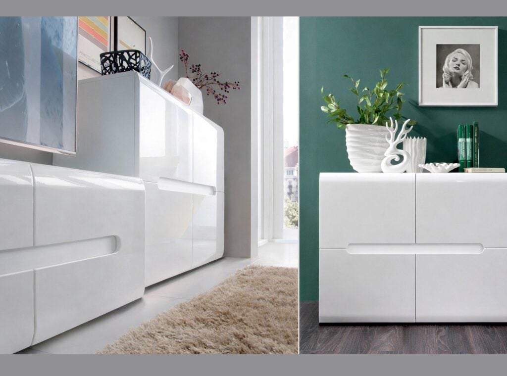 White High Gloss Sideboard Small Cabinet Square Storage Unit with Black Gloss and Dark Wooden Insert - Azteca