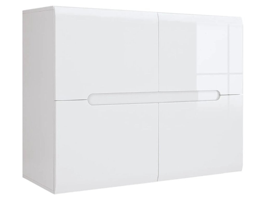 White High Gloss Sideboard Small Cabinet Square Storage Unit with Black Gloss and Dark Wooden Insert - Azteca