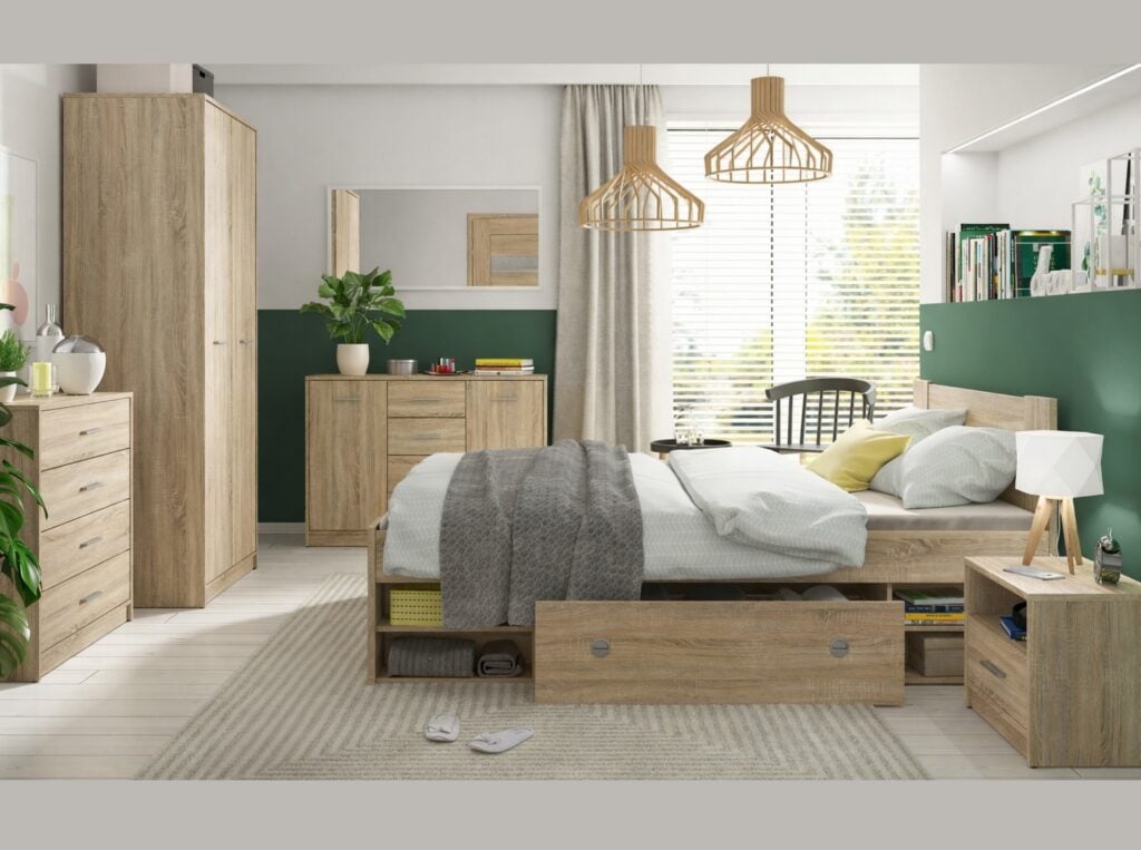 Double Bed Frame with Storage Underbed Drawers Shelves Euro 140cm Slats Sonoma Oak Finish - Nepo