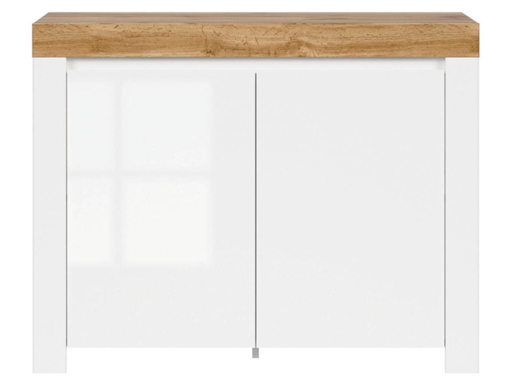Small Sideboard White Gloss Cabinet Compact Storage Unit Oak Effect Scandi - Holten