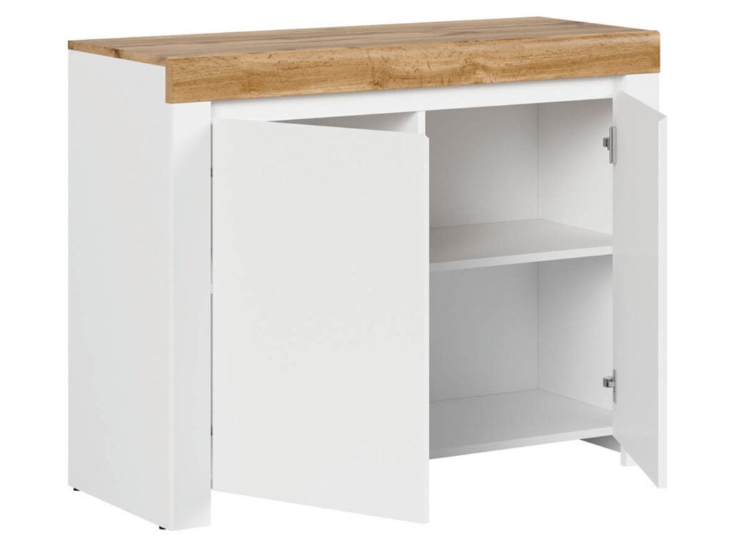 Small Sideboard White Gloss Cabinet Compact Storage Unit Oak Effect Scandi - Holten